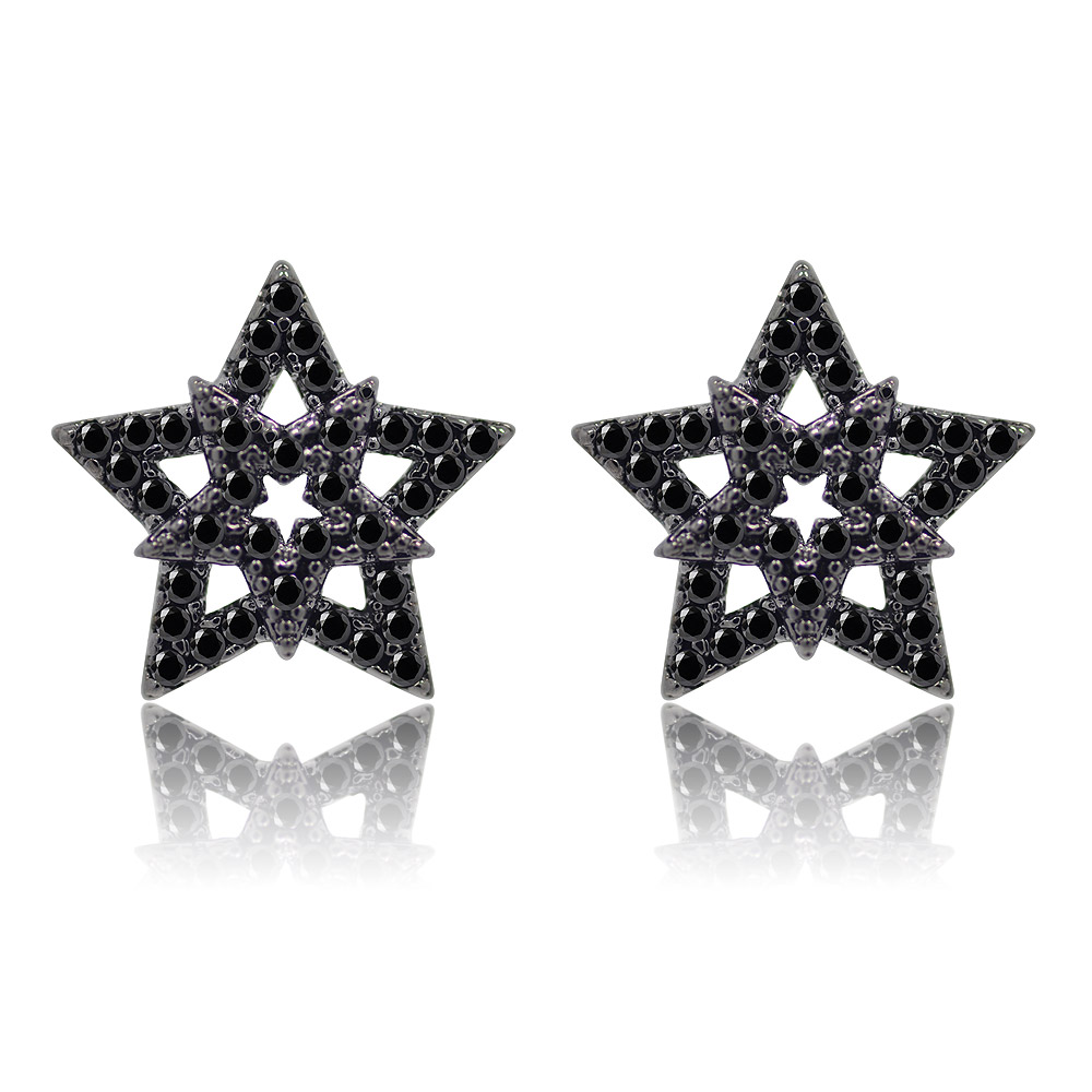 A pair of Black Cubic Zirconia Star Post Earrings with a dark hematite plating, showcasing the intricate starburst design and sparkling black stones on a white background.