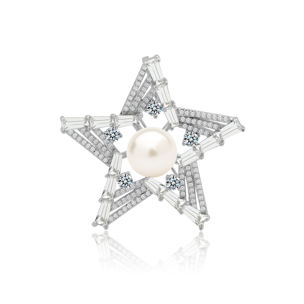 Front view of the Gorgeous Star Pearl Brooch, showcasing its intricate star shape crafted from rhodium-plated brass, a central white glass pearl, and sparkling cubic zirconia accents.