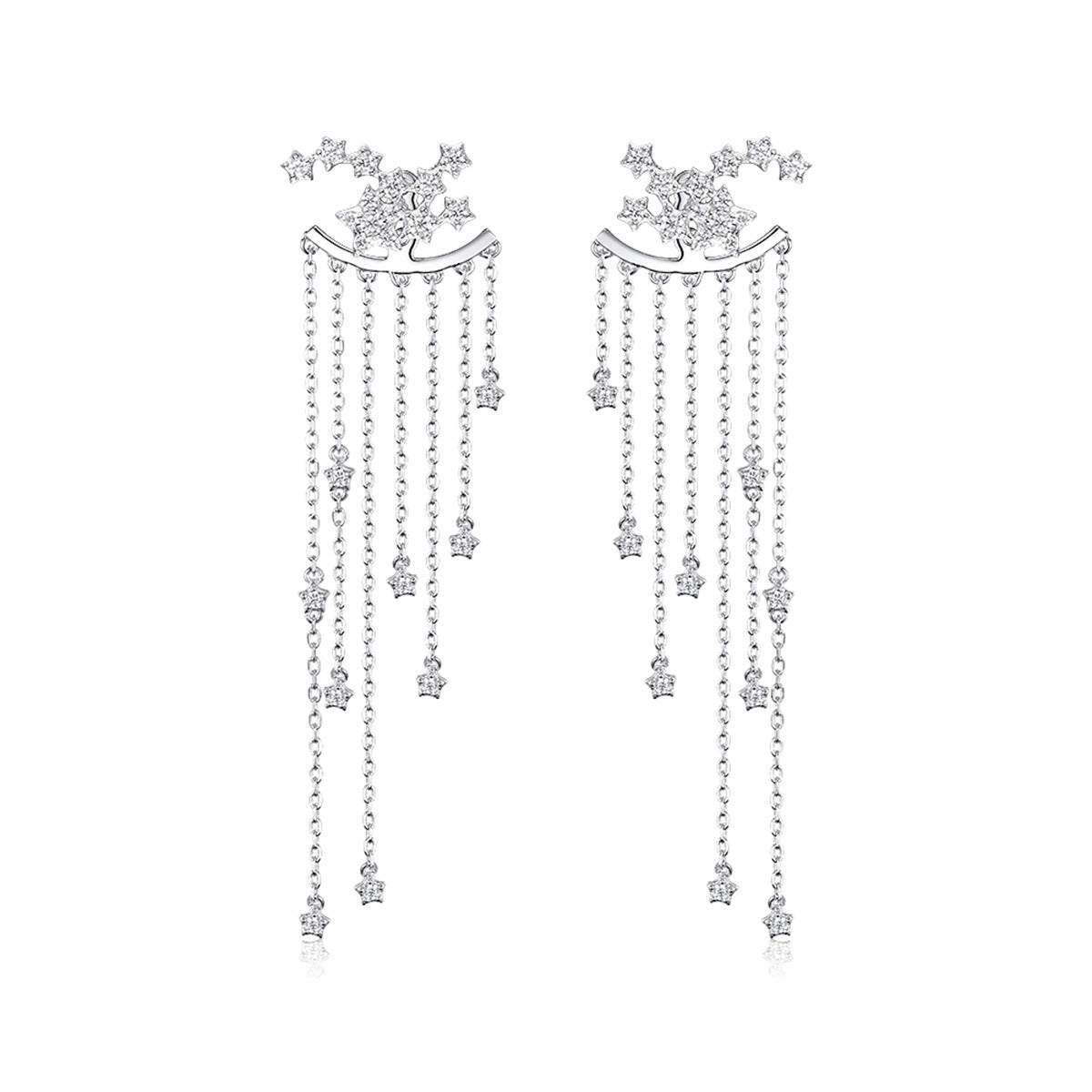 Studio product shot of 925 sterling silver star tassel drop earrings with sparkling cubic zirconia and long dangling chain back hooks.