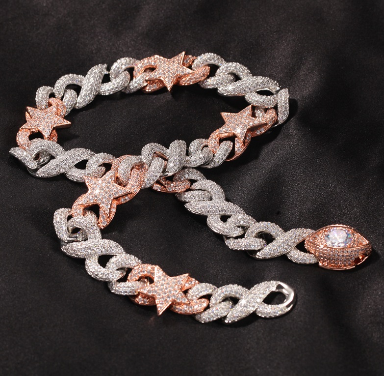 A stunning Cuban link chain hip hop choker with interlocking star-shaped links in silver and rose gold, encrusted with sparkling cubic zirconia stones.