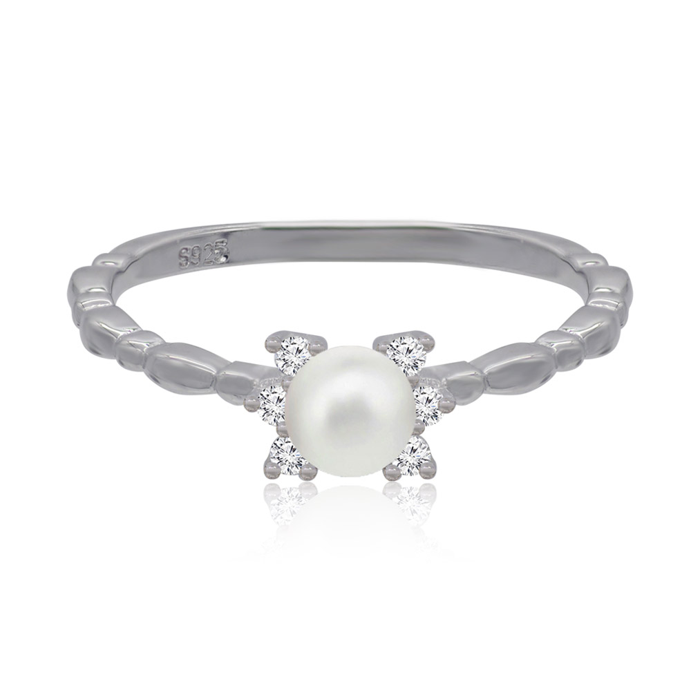 Close-up of the Pearl CZ Fine Band Ring, showcasing the central white glass pearl and surrounding cubic zirconia on a rhodium-plated brass band.