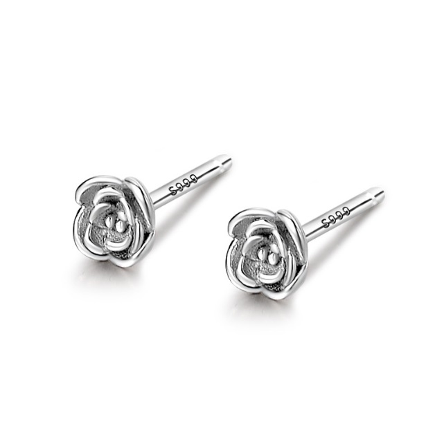 A detailed close-up of the 925 Sterling Silver Rose Stud Earring, showcasing the intricate petal design and polished silver finish.