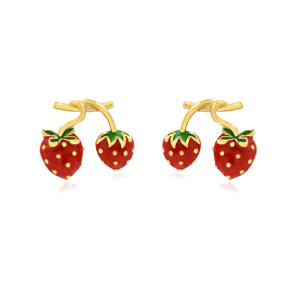 A close-up of the Wholesale Cute Strawberry Earrings, showcasing the detailed red and green epoxy on the gold-plated brass design.