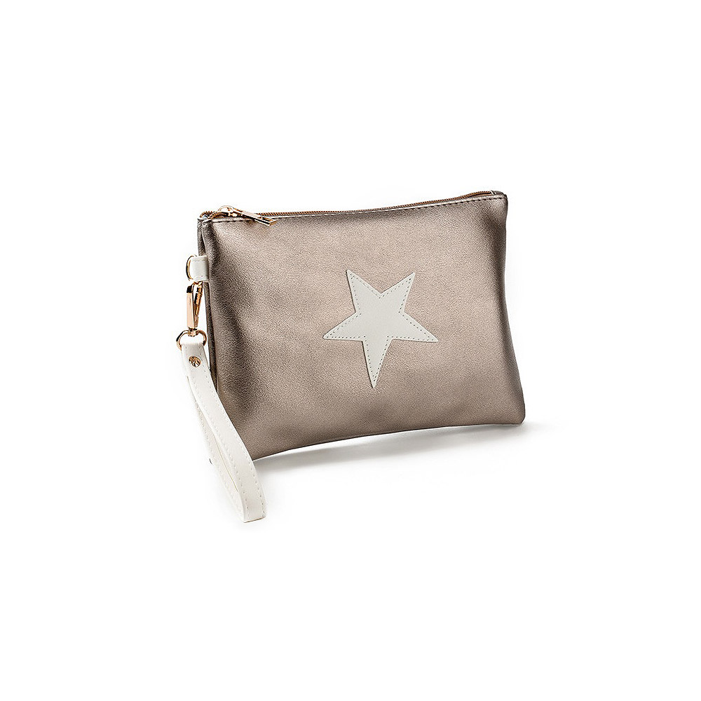 A stylish taupe-colored PU leather clutch bag featuring a prominent white star design, perfect for wholesale.