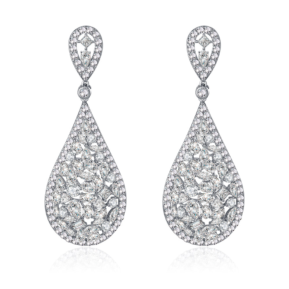Front view of the elegant Ladies Cubic Zirconia Teardrop Earrings, showcasing the brilliant stones and intricate filigree design on a white background.