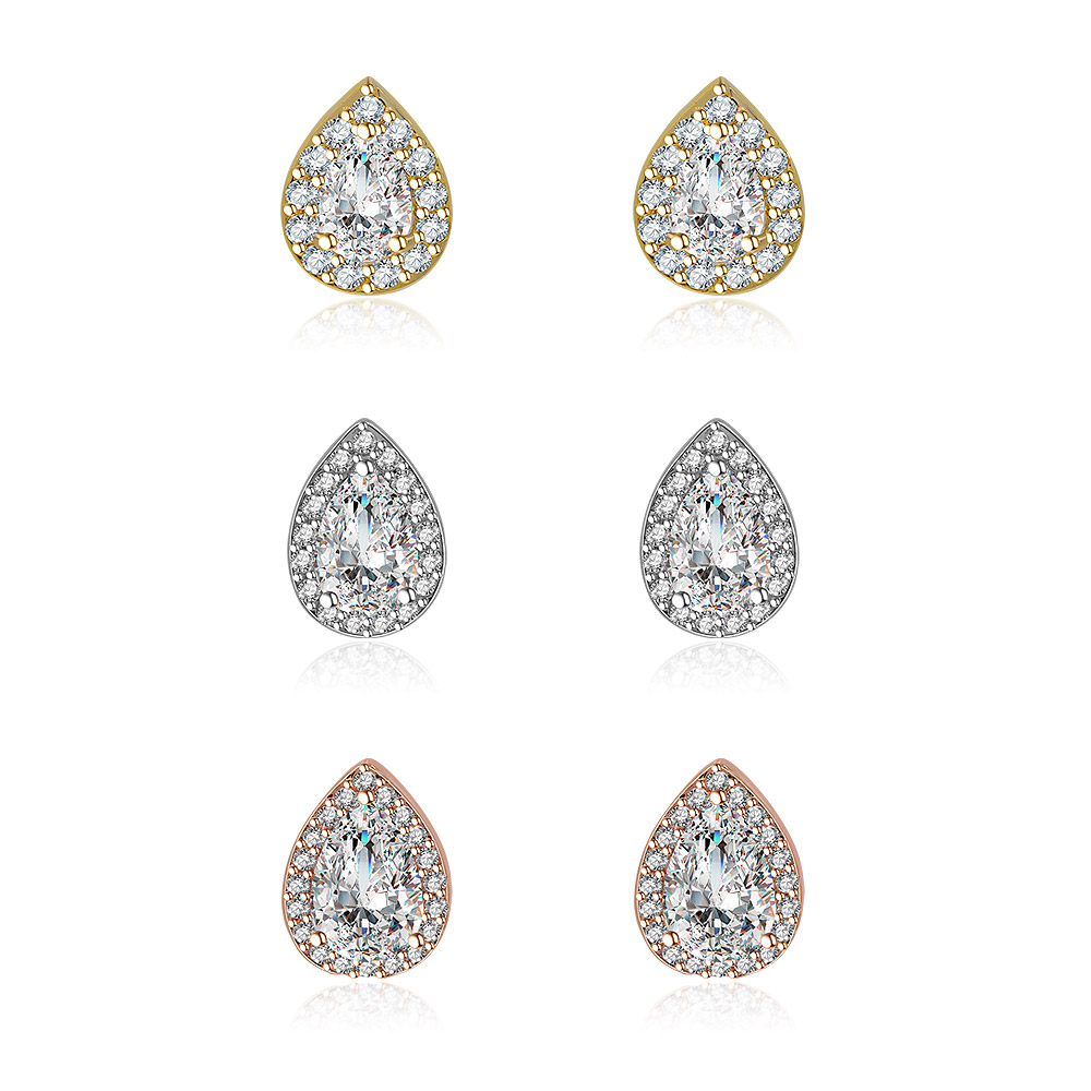 Three Tone Tear Pave Stud Earrings Set featuring three pairs of teardrop earrings in rhodium, gold, and rose gold plating with cubic zirconia.