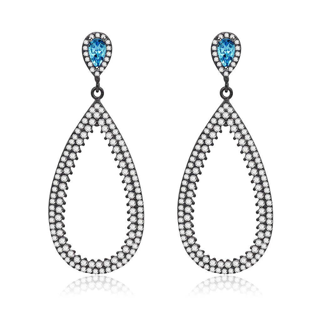 A pair of Blue Gemstone Black Gold Halo Pear CZ Earrings, featuring a teardrop design with a central blue gem surrounded by a halo of white cubic zirconia stones on a hematite-plated brass base.