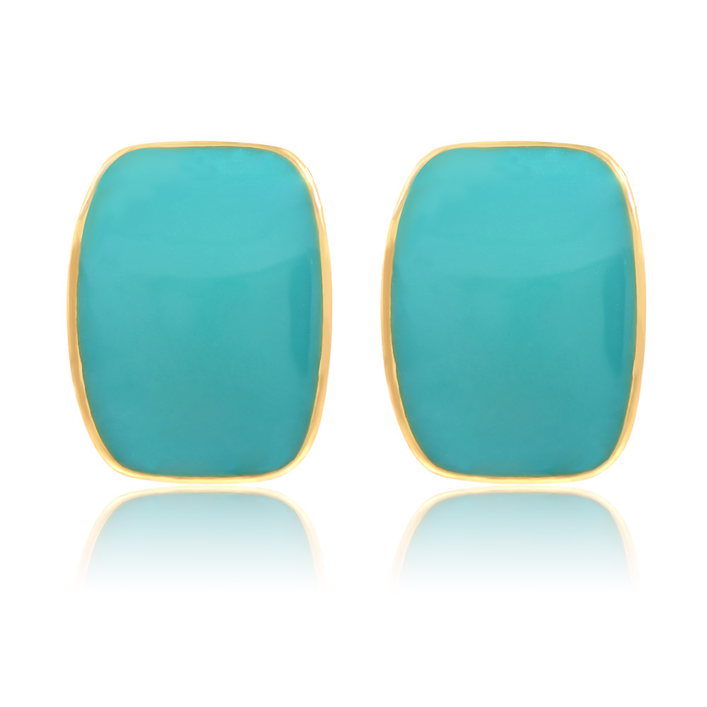 A pair of Enamel Cubic Square Elegant Turquoise Studs with a vibrant turquoise epoxy center and polished gold-plated brass trim, shown against a clean white background.