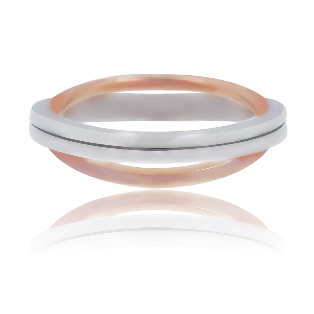 A modern two-tone interconnected double band ring with a polished rhodium outer band and a rose gold inner band.