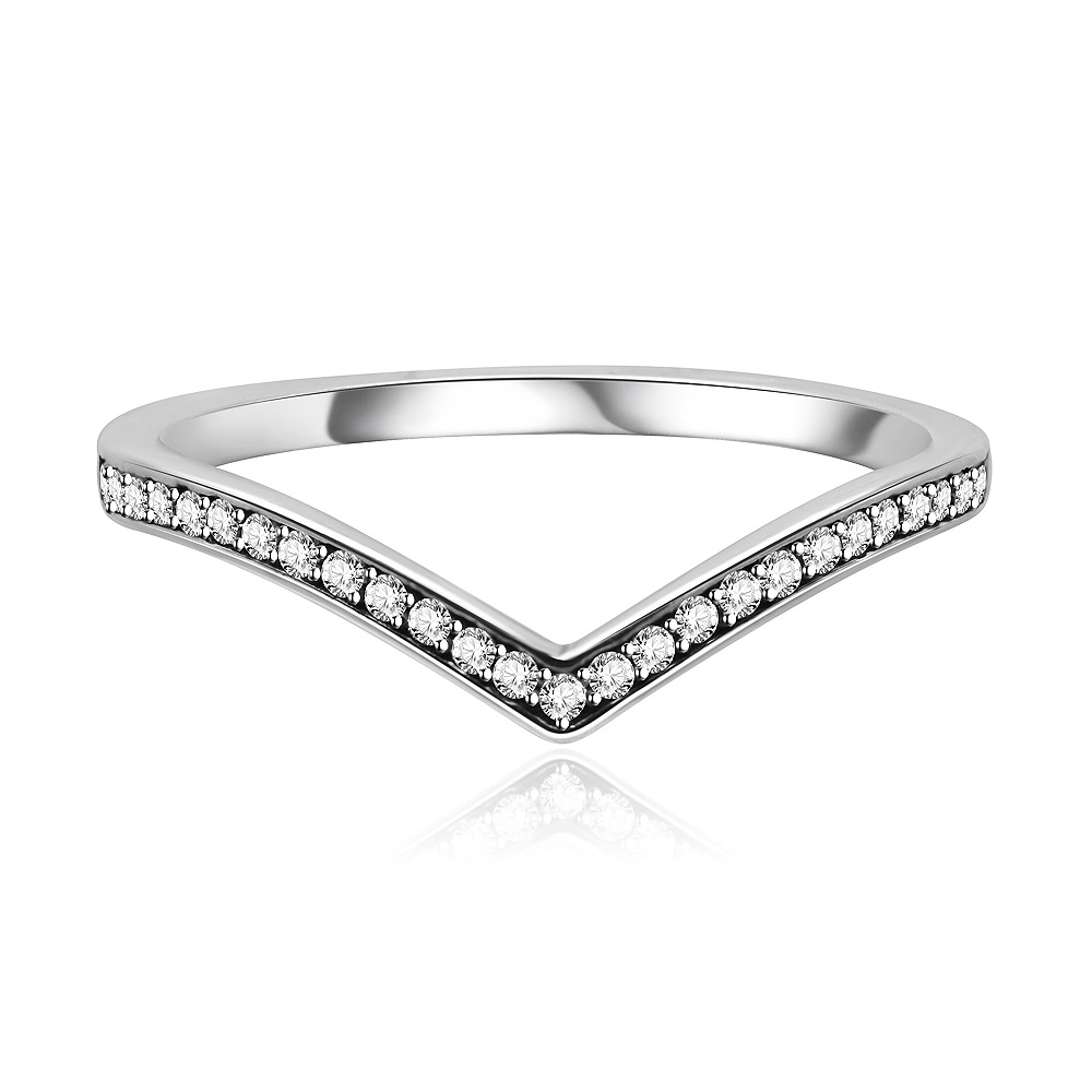 Front view of the White CZ Shining Wish Ring, showcasing its V-shaped design in 925 sterling silver, set with sparkling white cubic zirconia stones.