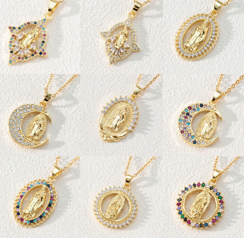 A collection of custom women's religious necklaces featuring gold Virgin Mary pendants with various designs and colorful gemstone embellishments, offered by JR Fashion Accessories.