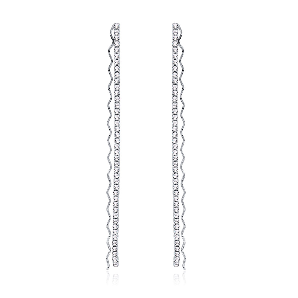 A pair of Wavy Chain CZ Chandelier Earrings with rhodium plating, showcasing a delicate wavy design adorned with sparkling clear rhinestones.