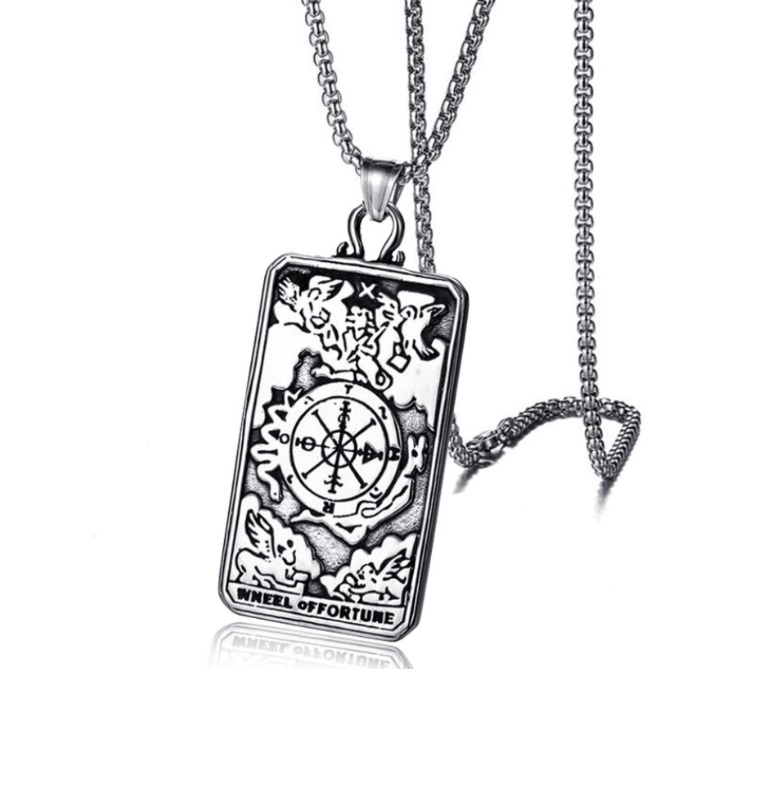 A detailed close-up of the stainless steel Wheel of Fortune tarot pendant necklace for men, showcasing its intricate design and craftsmanship.