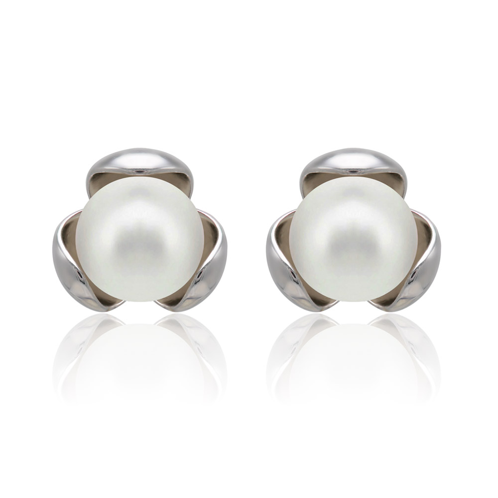 Front view of the elegant Flower Loop Earring, featuring a white glass pearl set in a rhodium-plated brass floral design.