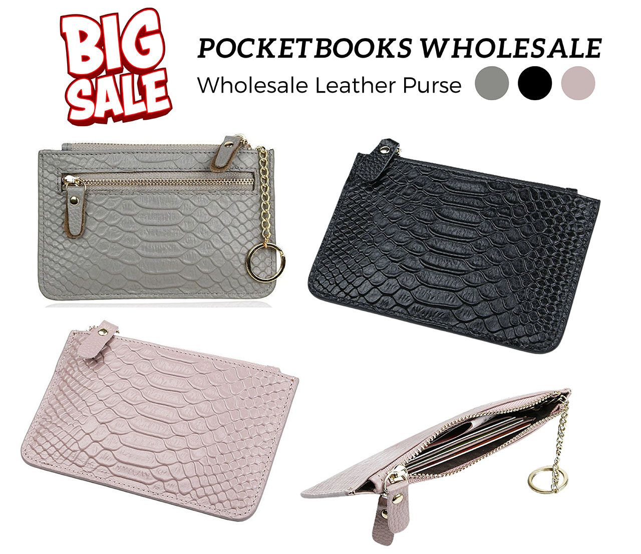 A collection of wholesale mini croc coin purses in light gray, black, and pale pink PU leather, featuring gold hardware and textured patterns, offered by JR Fashion Accessories.