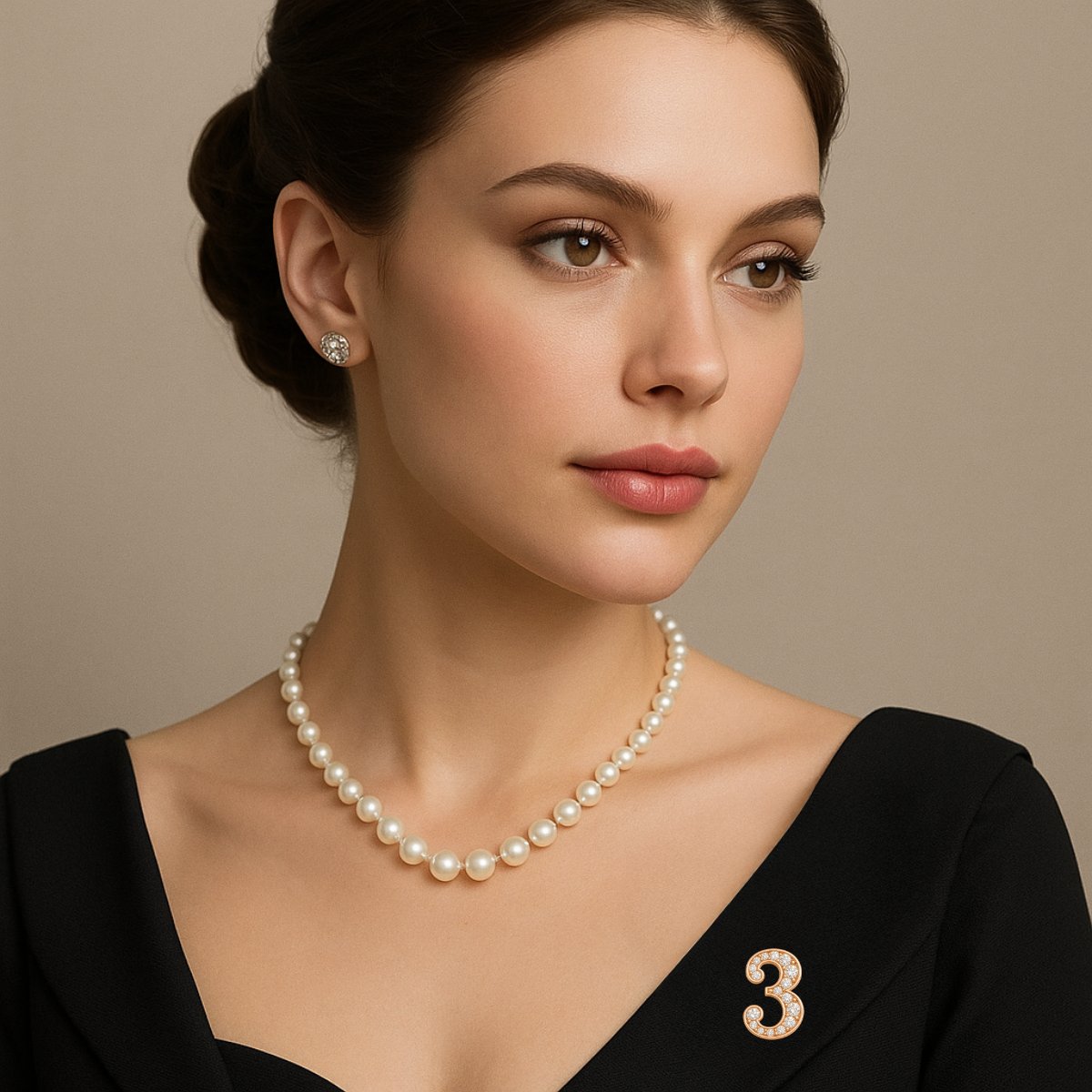 An elegant woman wearing a custom rose gold number 3 letter brooch, paired with a classic pearl necklace, showcasing personalized anniversary jewelry.