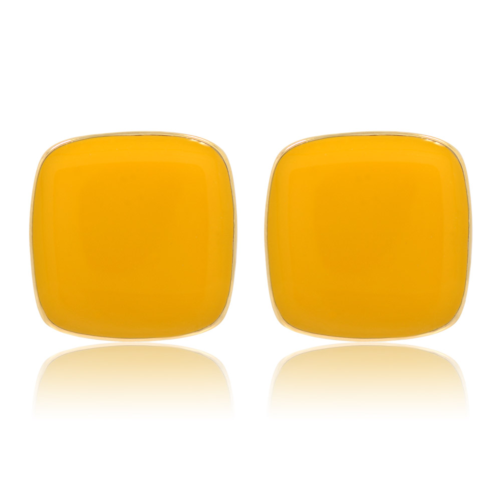 A pair of Enamel Square Elegant Sunshine Studs, featuring a vibrant yellow epoxy finish on gold-plated brass with elegant gold trim.