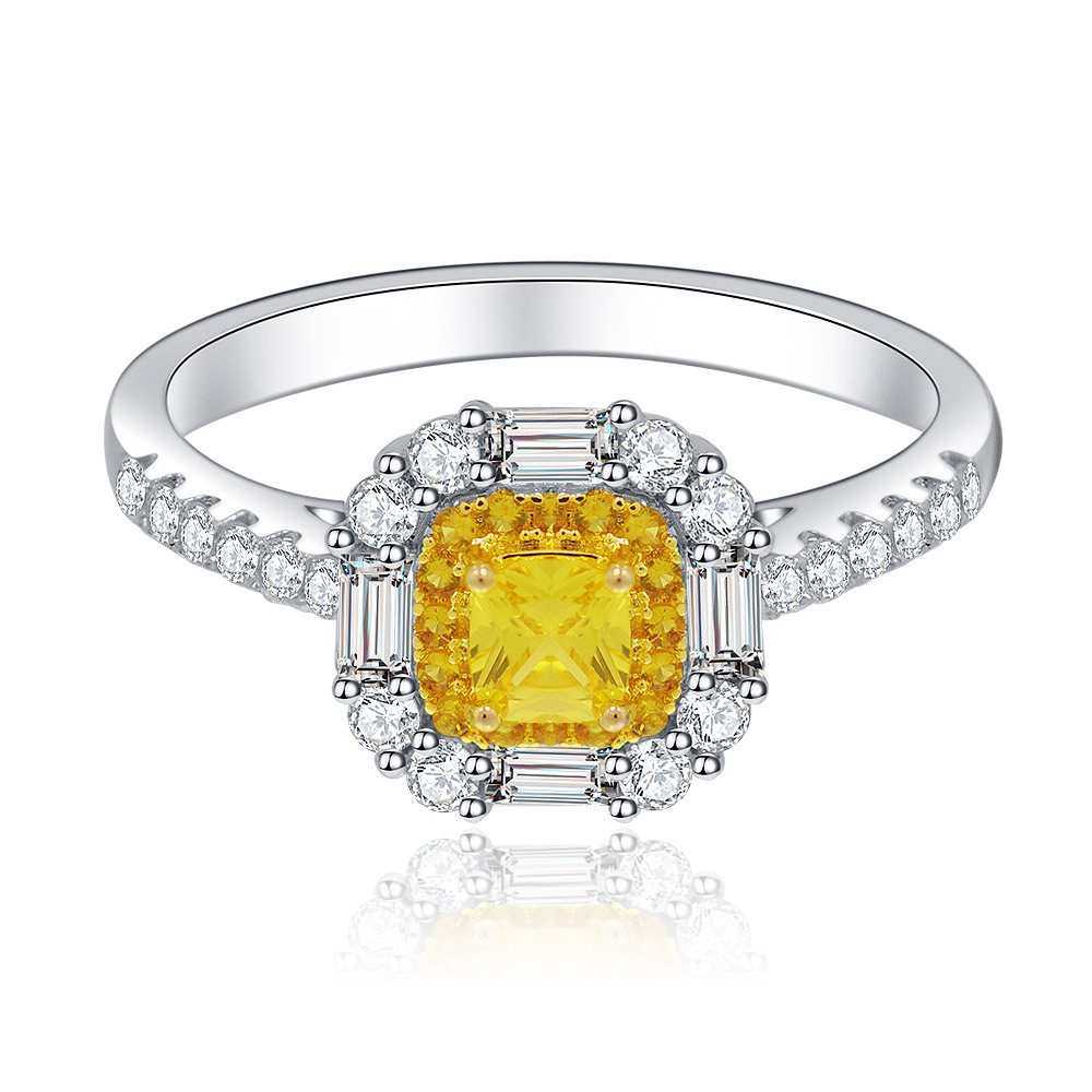 Front view of the Luminous Empress Ring, a high-end two-tone brass ring featuring a prominent yellow cubic zirconia stone surrounded by white CZ stones.