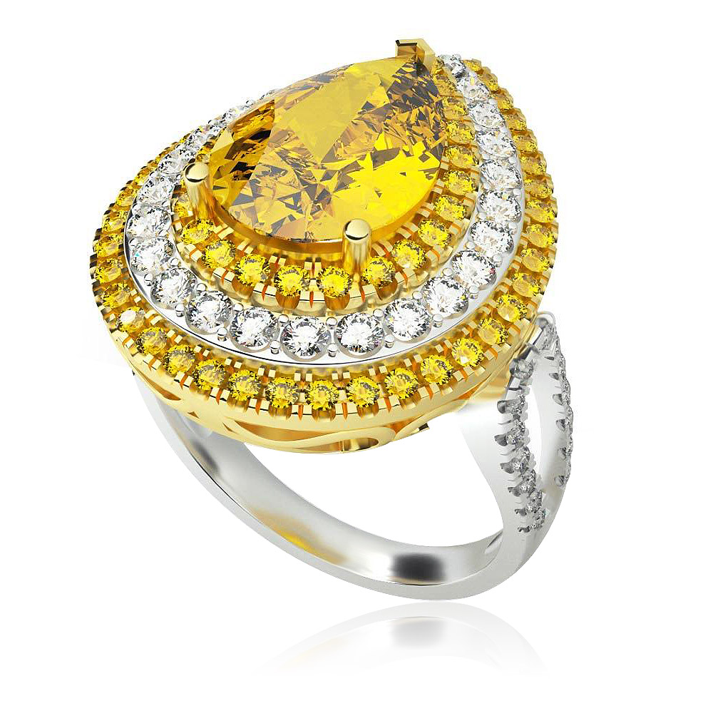 The Enticing Bright Ring, a statement cocktail piece with a large pear-shaped yellow Cubic Zirconia gemstone, surrounded by a halo of smaller stones on a rhodium and gold plated brass band.