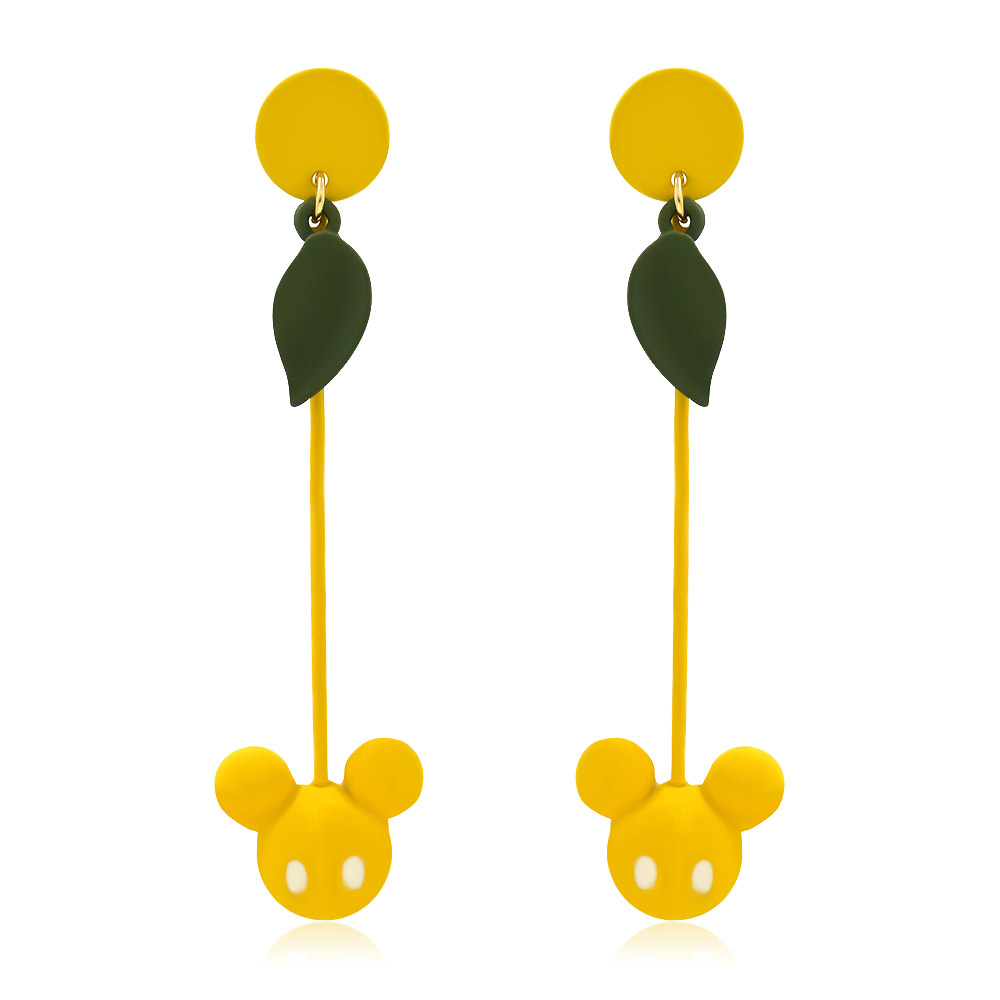A pair of cute Disney dangle yellow earrings with green leaf details, featuring a Mickey Mouse head design.