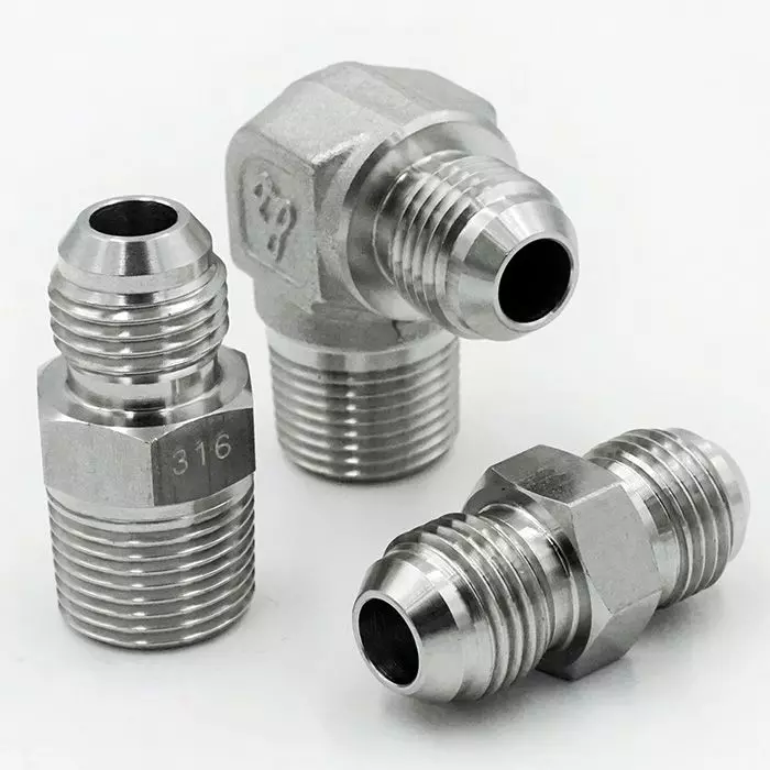 JIS 30° Flare Hydraulic Fittings - JIS 30-degree Flare Fittings shows the  shapes of Male Connector (Male JIS x Male PT/NPT), Male Elbow (Male JIS x  Male PT/NPT), and Union (Male JIS