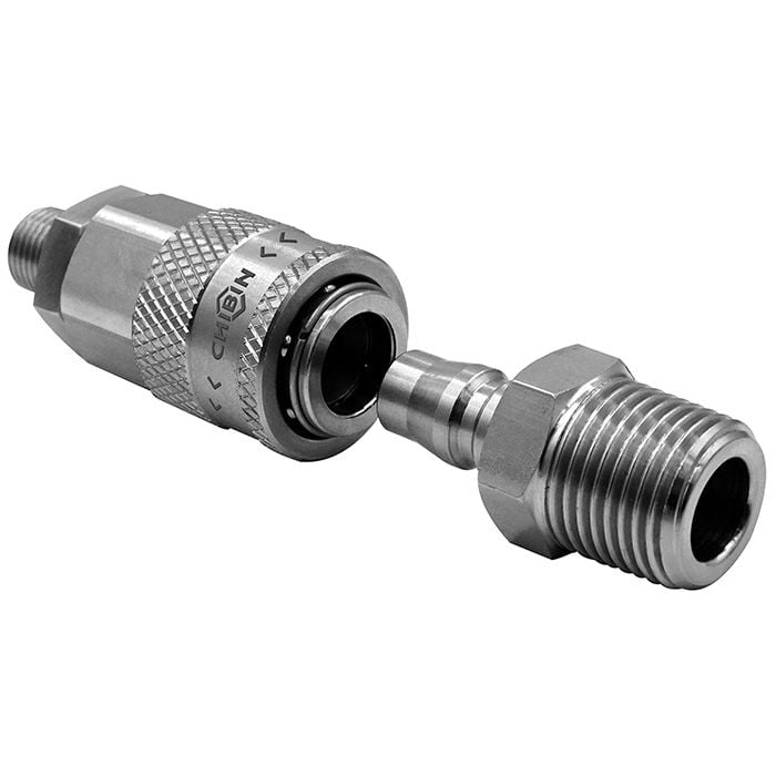 Los acoplamientos rápidos de cierre unidireccional de acero inoxidable 304/316 muestran el tipo de un toque - Serie de seguridad - enchufe macho y clavija macho que pueden ser de material de acero inoxidable, acero, nylon66+GF (fibra de vidrio) o nylon66.