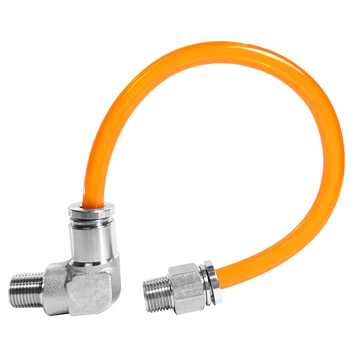 Un tube thermoplastique souple se connecte à un coude mâle pneumatique à encliqueter en acier inoxydable 304 / 316 à une extrémité et à un connecteur mâle pneumatique à encliqueter en acier inoxydable à l'autre extrémité.