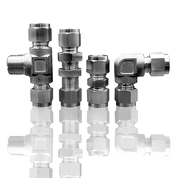 316 stainless steel double-ferrule fittings shows Male Branch Tee, Bulkhead Union, Union, and Union Elbow.