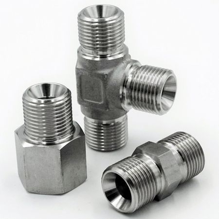 BS5200 60° Cone Hydraulic Fittings - BS5200 60-degree Cone Fittings shows the shapes of Female Connector (Male JIS x Female PT/NPT), Union Tee (Male JIS x Male JIS x Male JIS), and Union (Male JIS x Male JIS).