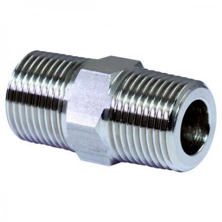 Hex Nipple - Male threading on both ends of a hexagonal bolt.