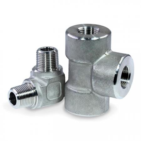 Pipe Fittings & High Pressure Pipe Fittings - 304/316 (High Pressure) Pipe Fittings shows the shapes of Male Elbow (PT/NPT x PT/NPT), and Threaded Tee 2000Lb/3000Lb (PT/NPT x PT/NPT x PT/NPT)