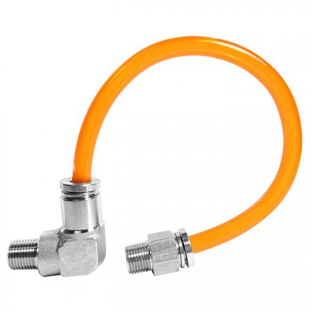 Accesorios neumáticos de inserción - Un tubo termoplástico suave se conecta a un codo macho neumático de inserción de acero inoxidable 304 / 316 en un extremo y a un conector macho neumático de inserción de acero inoxidable en el otro extremo.