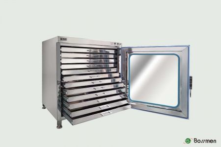 Single-Door Drawers Mobile Dry Cabinet uses eco-friendly desiccants, low power design, and operates without heat, water, condensation, fans, dust, or noise.