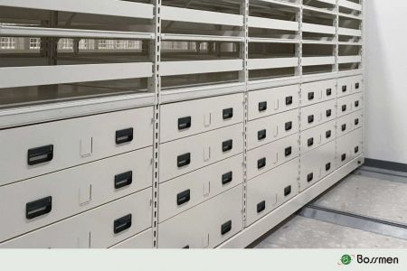 Drawer-Type Mobile Archival Cabinet - Mobile drawer shelving maximizes space, secures artifacts, and ensures easy access.