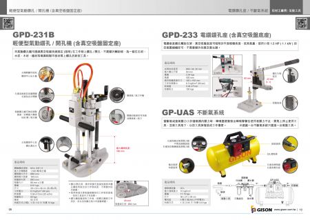 GPD-231B 경량형 기공 드릴링 기계, GPD-233 드릴링 스탠드, GP-UAS 연속 공기 시스템