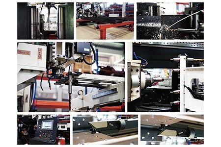 Drilling machine, material feeding system, cross/transfer conveyor system for beam drill line