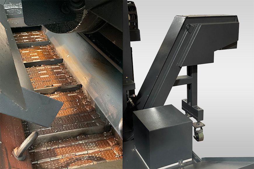 Belt type chip conveyor effectively removes long, thin and curly chips produced by high-speed cutting.