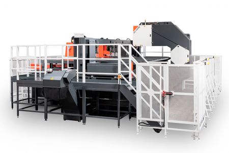 NC Programmable Automatic Feeding Traversing Head Vertical Plate Saw - Large plate is automatically cut along the long side into multiple strips of your programmed lengths