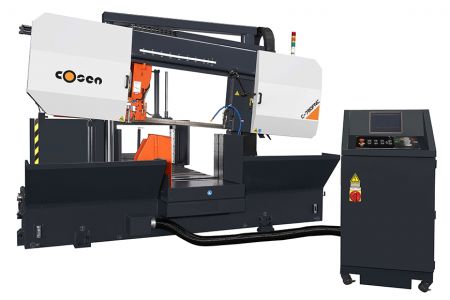 780 mm-es automatikus vízszintes dupla oszlopos szalagfűrész gép 3ML hengertáblával - A 780 mm-es automatikus vízszintes dupla oszlopos szalagfűrész gép elülső kijelzője 3ML hengertáblával