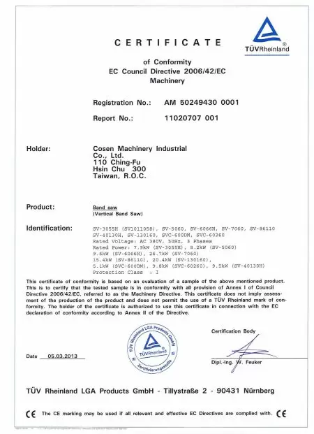 A Cosen é certificada na Conformité Européenne (CE) pela TUV.