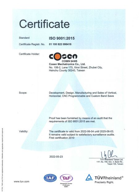 Cosen is ISO-9001 gecertificeerd op kwaliteitsmanagementsysteem door TUV.