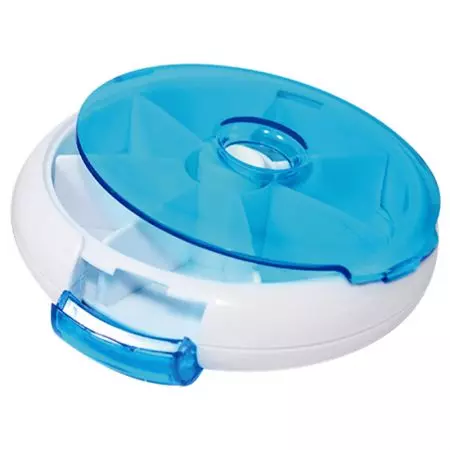 週間ピルオーガナイザー、7日分のピルコンテナ、丸型医薬品オーガナイザーボックス、日々の週間ピルリマインダーケース、旅行に便利、BPAフリーのビタミン、サプリメント、フィッシュオイル、医薬品プランナー - 耐久性のあるプラスチック製ピルケースの外観。