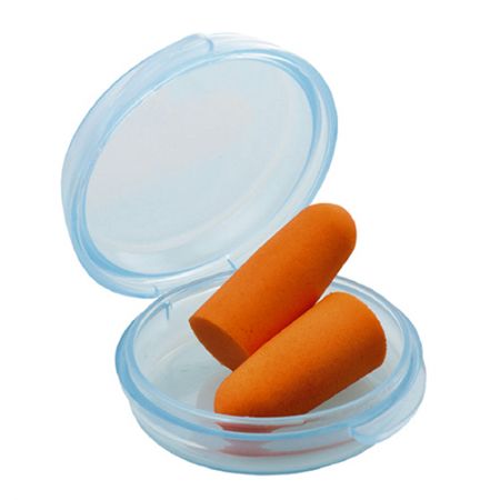 Caixa de pílulas portátil com protetor auricular.
