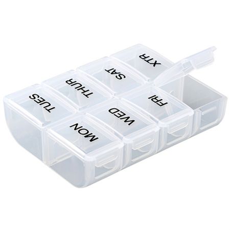 Caixa de pílulas de vitamina com 8 compartimentos de bolso para 7 dias - Aparência da caixa de pílulas com 8 compartimentos.