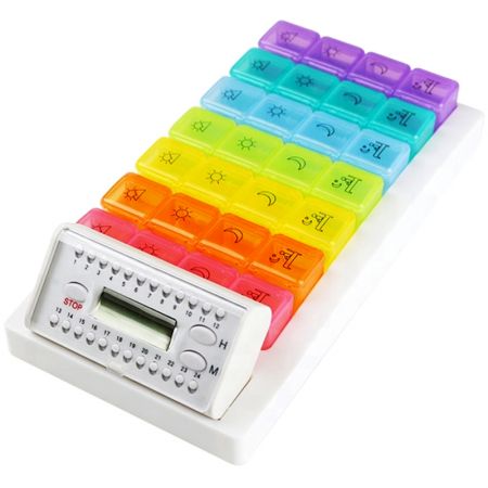 Caja / estuche de recordatorio semanal de pastillas con 28 compartimentos y temporizador de alarma y bandeja. - Apariencia impresa del estuche de pastillas AM PM.