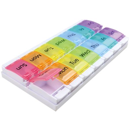 Groot wekelijks 14-vaks gemakkelijk open knop medicijn pillendispenser - Bedrukt 14-vaks pillendoosje Uiterlijk