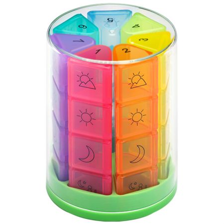 Wekelijkse 7 eenheid 28 grid ronde medicijn pillendoos, 7 dagen pillen dispenser 4 keer per dag, medicijn organizer doos voor vitamine, visolie. - Wekelijkse 7 eenheid ronde pillendoos uiterlijk.