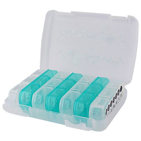 Индивидуальный контейнер для таблеток с двумя застежками на внешнем ящике.