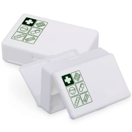 Boîte à pilules transparente personnalisée à ouverture double.