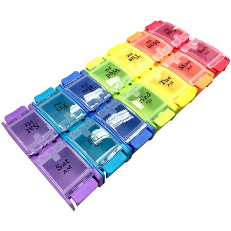 Abnehmbare 7-Tage-14-Fächer-Medikamentenbox mit einfachem Öffnungsknopf - Bedrucktes Pillendosen-Aussehen